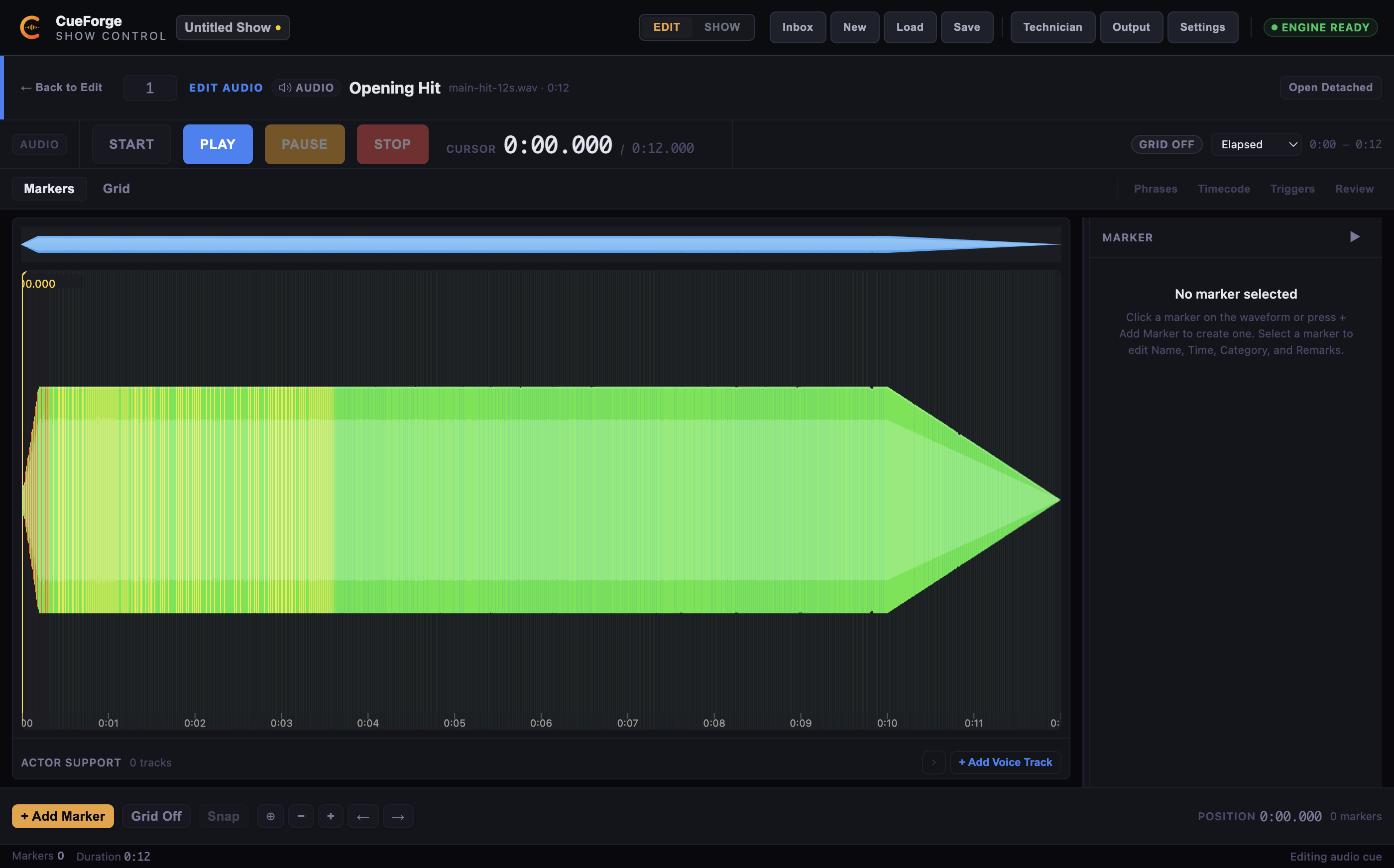 Audio Deep Editor with audition transport, analysed waveform, and global tools