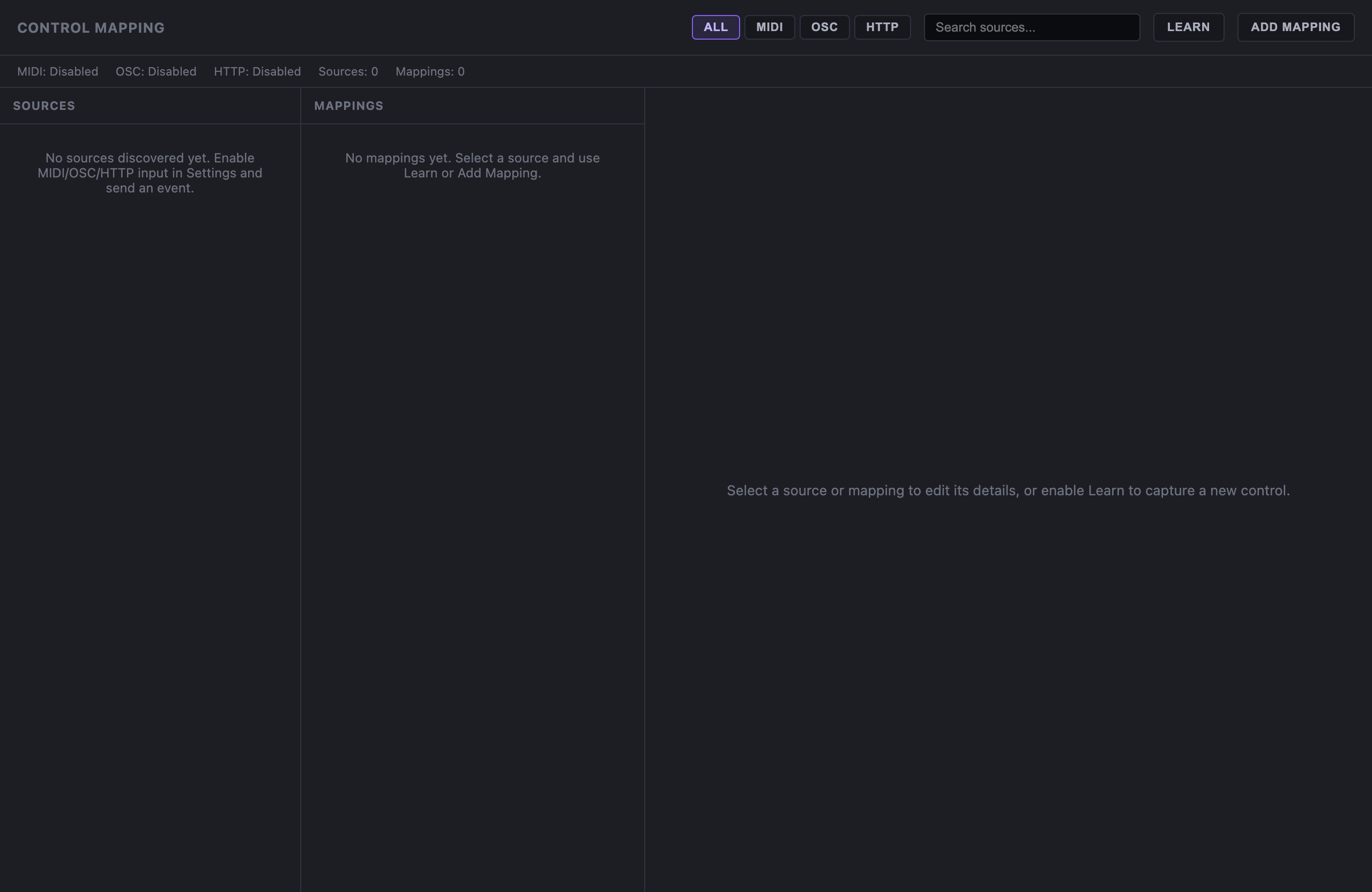 Control Mapping window with filter chips, health strip showing inputs disabled, and empty sources and mappings panels