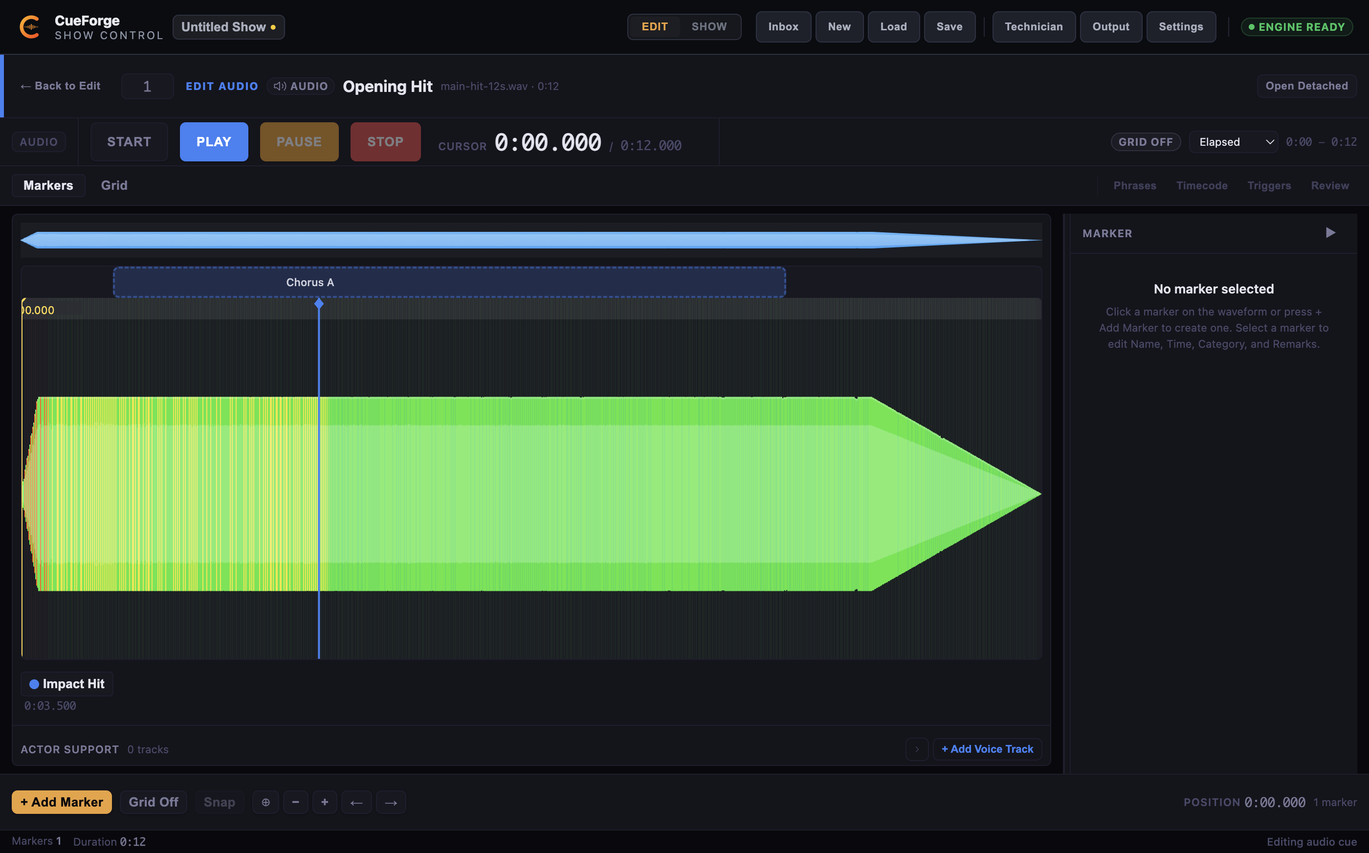 Waveform with a committed Impact Hit marker at 3.5 seconds and a Chorus A phrase region