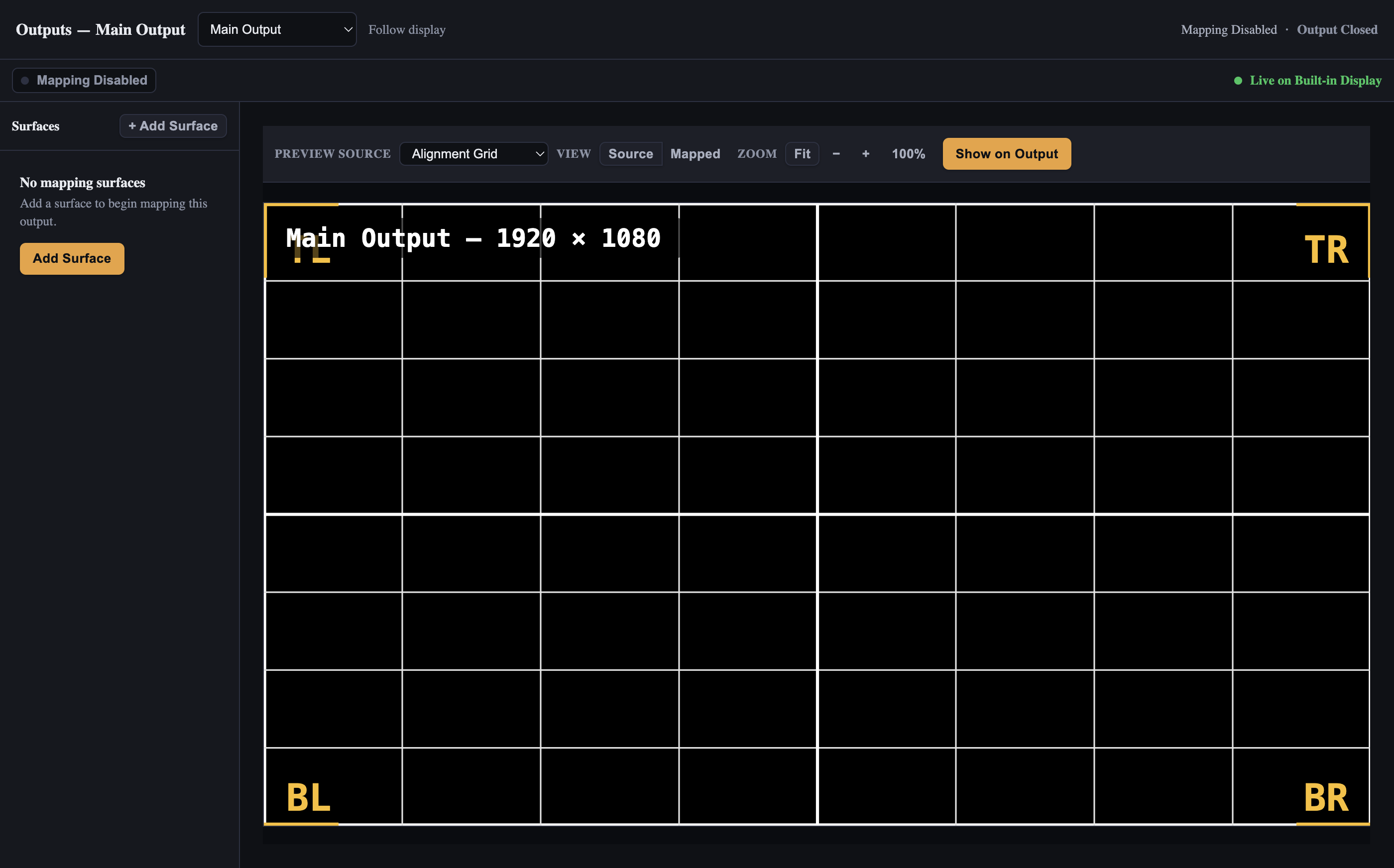 Outputs tool window with Main Output selected, surfaces panel, and mapping editor canvas