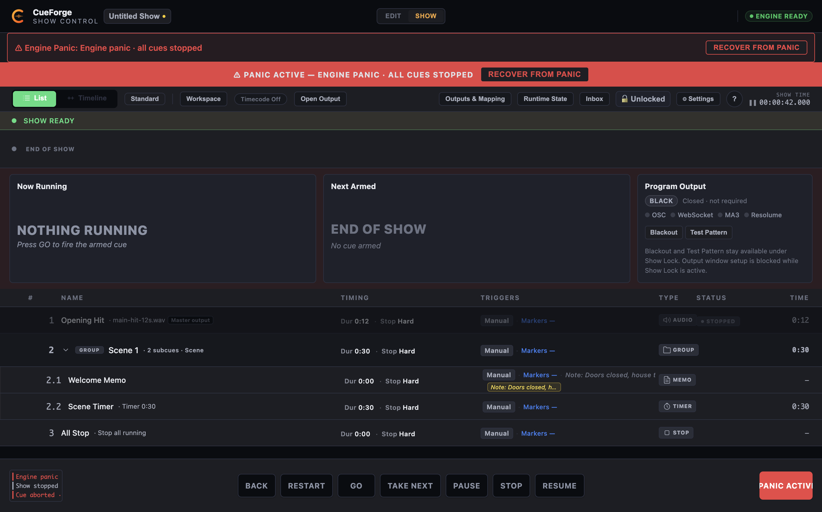 Show Mode with PANIC active banner, Recover from Panic button, and blocked transport controls