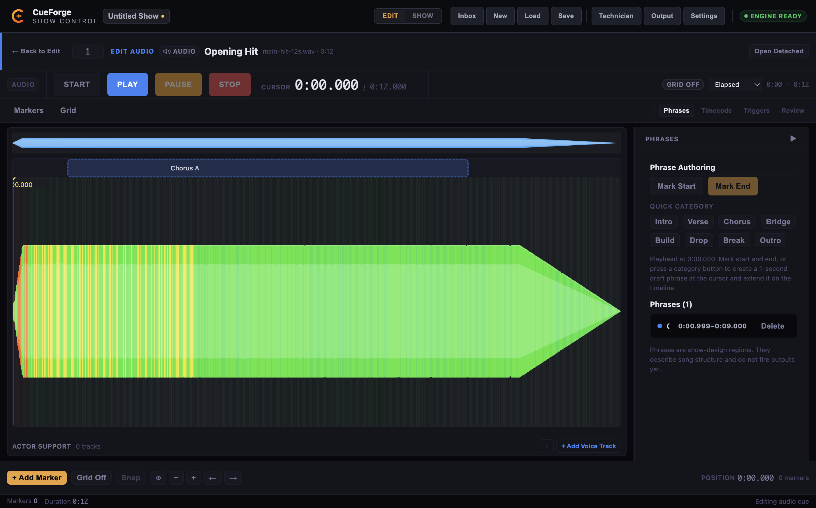 Phrase authoring panel with a committed Chorus A phrase region on the waveform