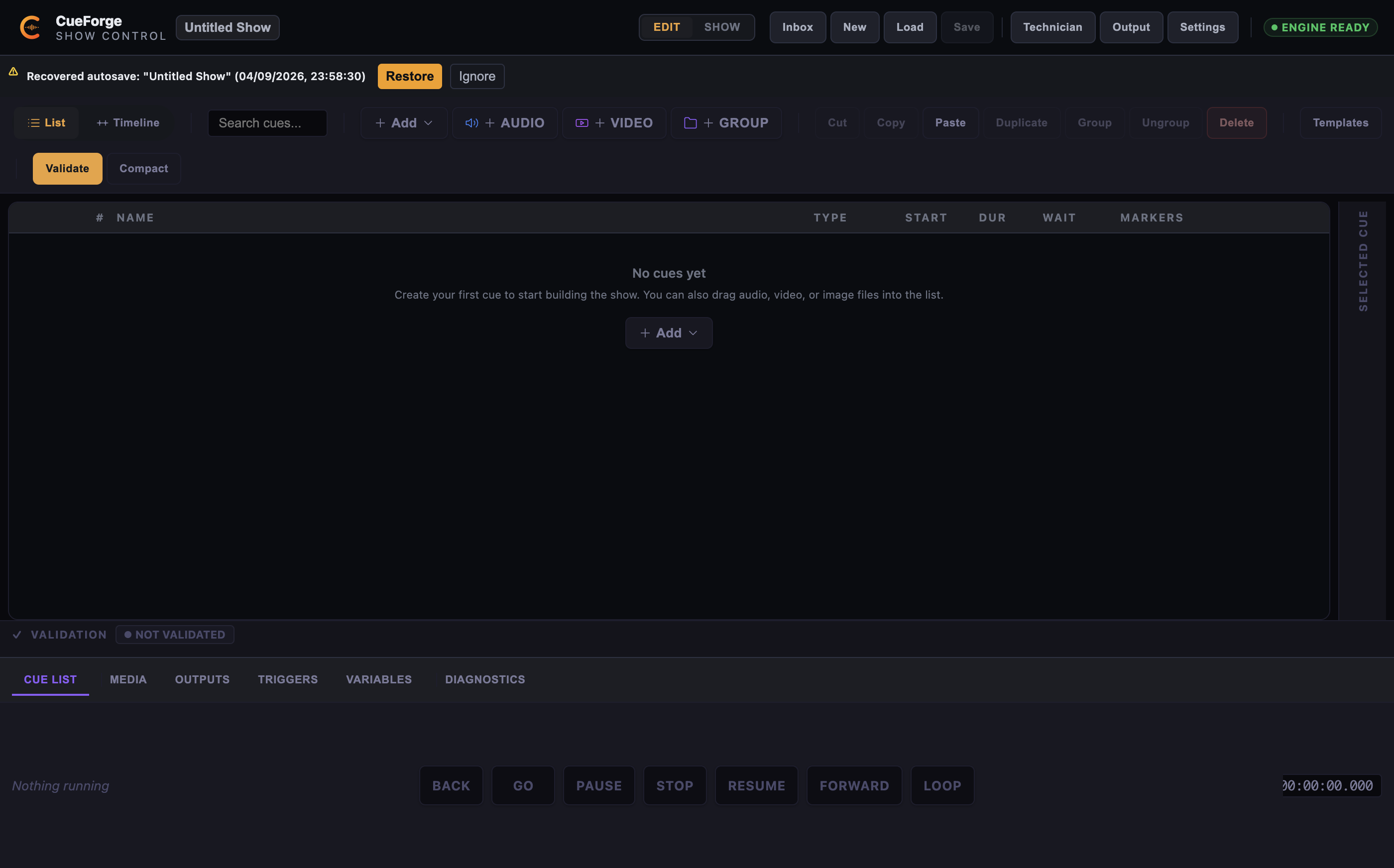 Recovery banner reading Recovered autosave with Restore and Ignore buttons