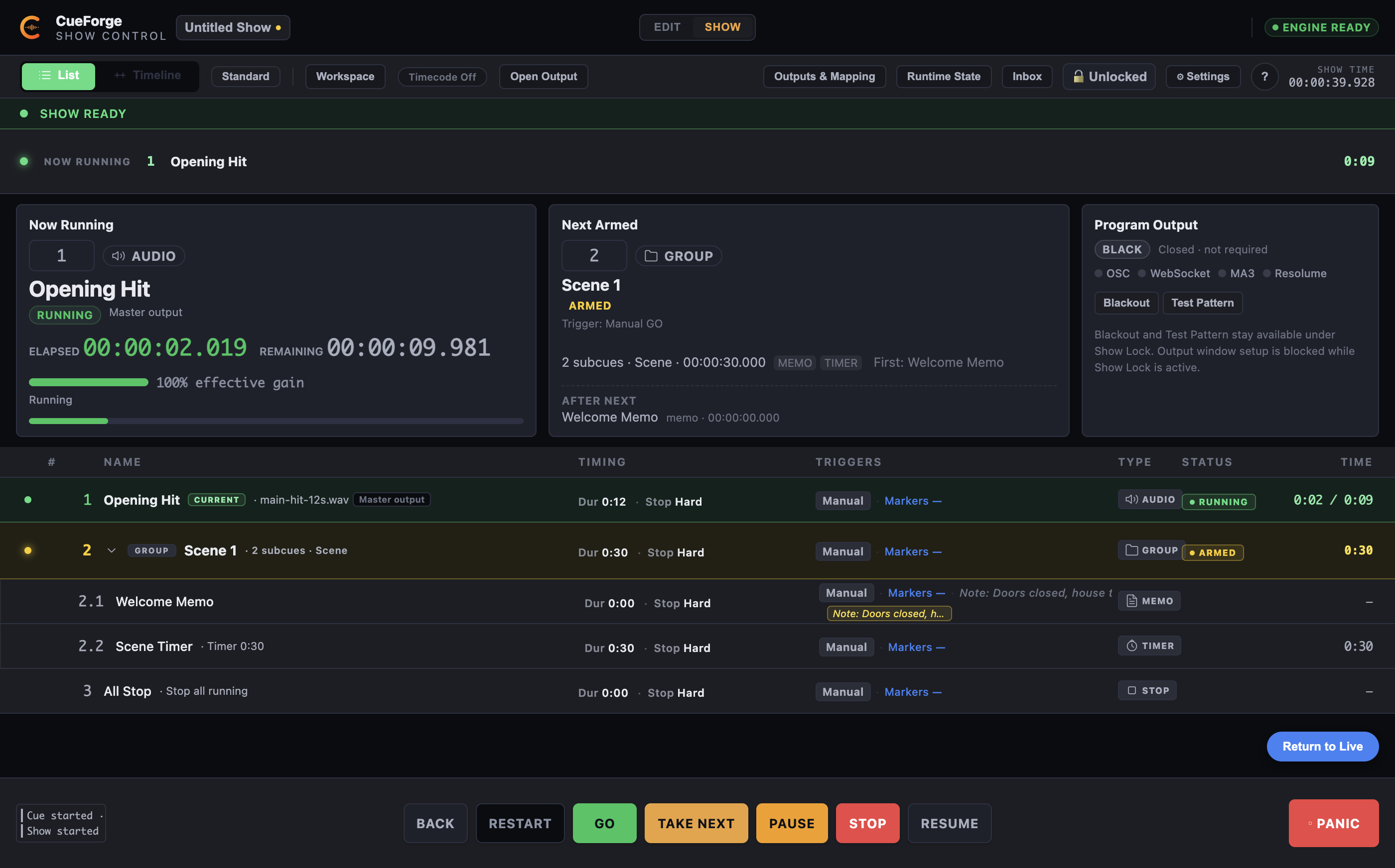 Show Mode operator view with Now Running and Next Armed cards, cue list, and transport bar