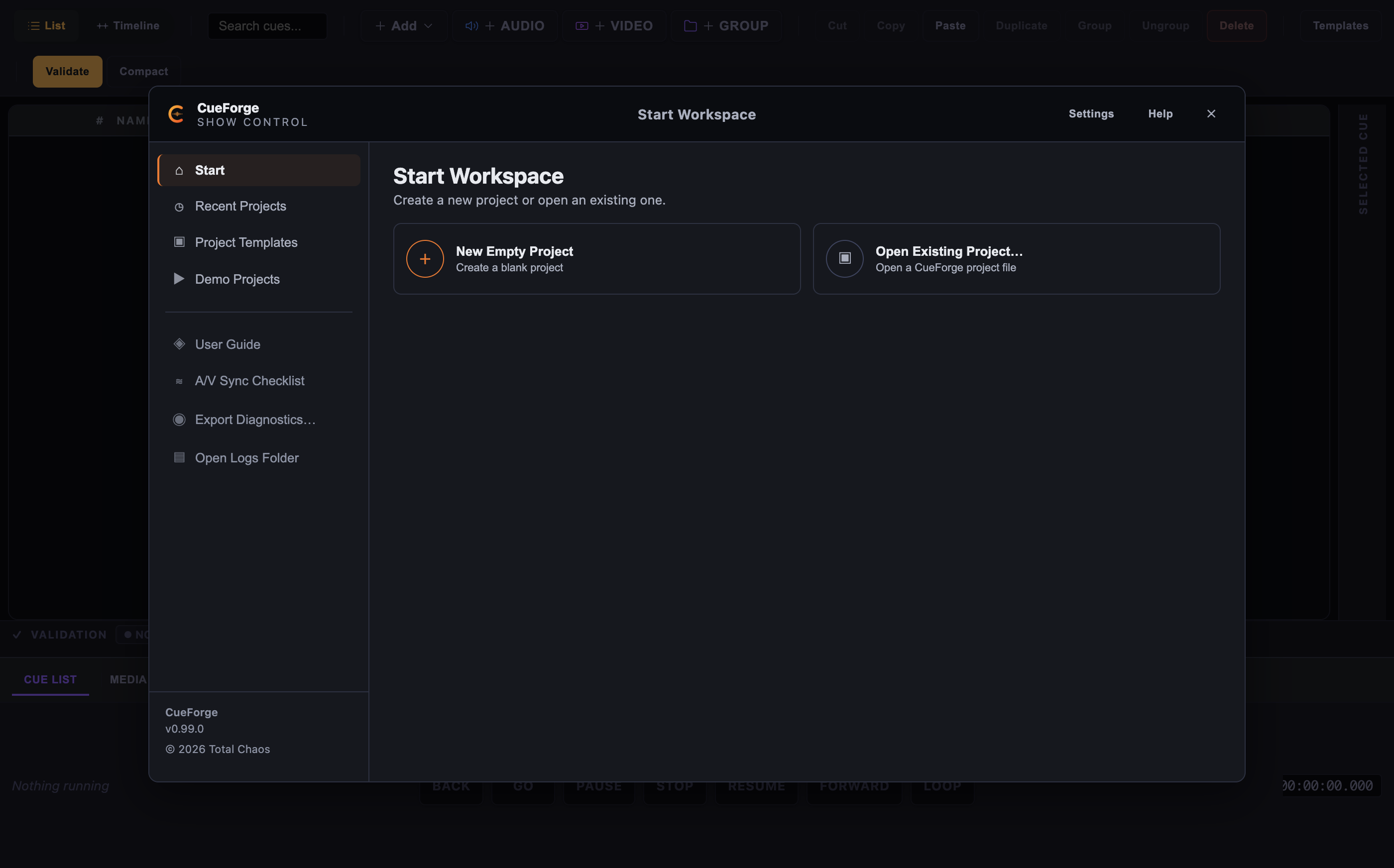 CueForge Start Workspace launcher with New Empty Project and Open Existing Project cards